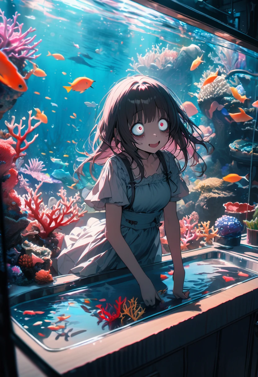 high quality,1 girl,( yandere :1.5),( crazy eyes:1.5), Highest quality, 16K, Unbelievably absurd, Very detailed, 2.5D, delicate and dynamic, aquarium, Large sink, Colorful Coral, A little faint light and a little fish,