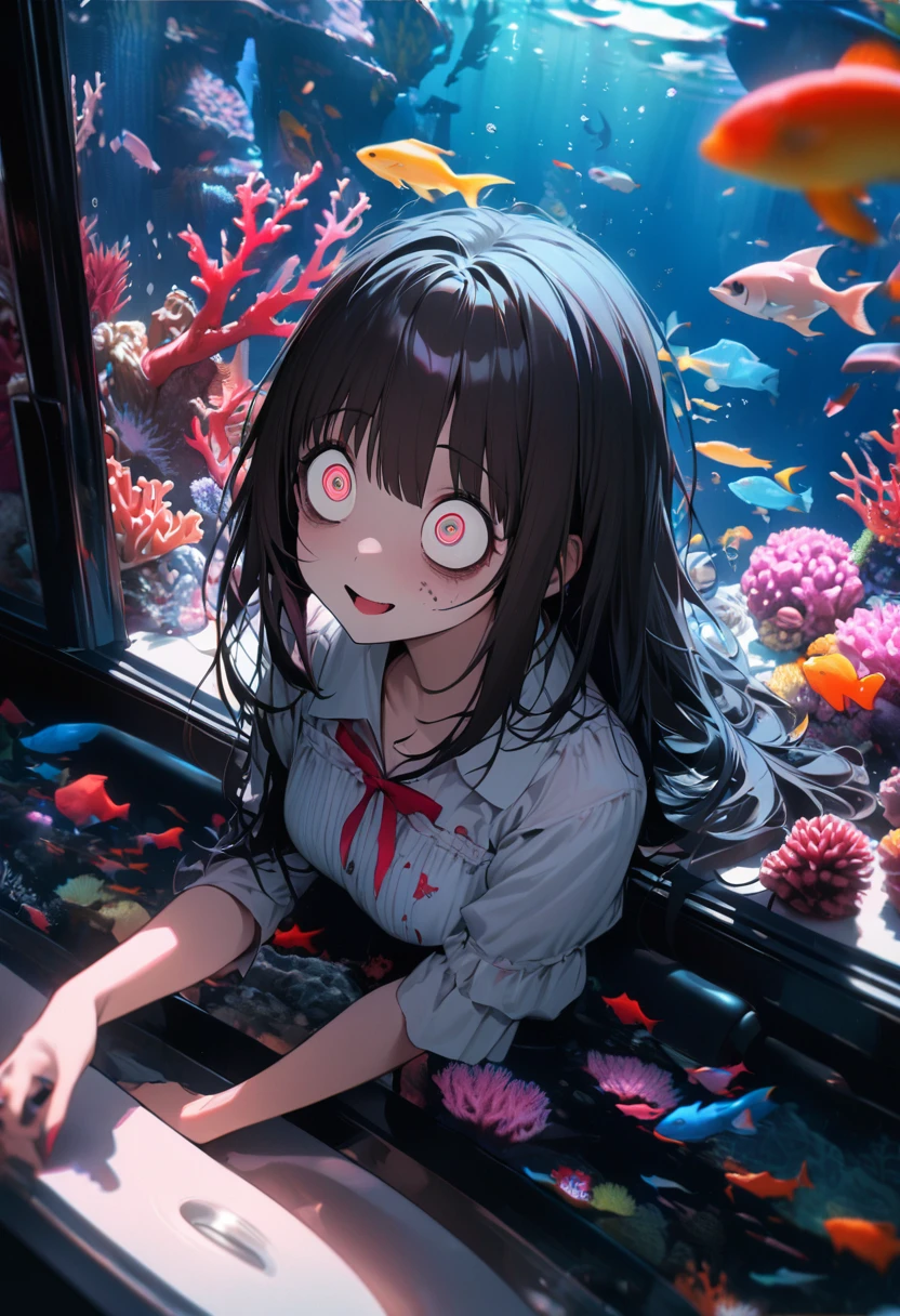 high quality,1 girl,( yandere :1.5),( crazy eyes:1.5), Highest quality, 16K, Unbelievably absurd, Very detailed, 2.5D, delicate and dynamic, aquarium, Large sink, Colorful Coral, A little faint light and a little fish,