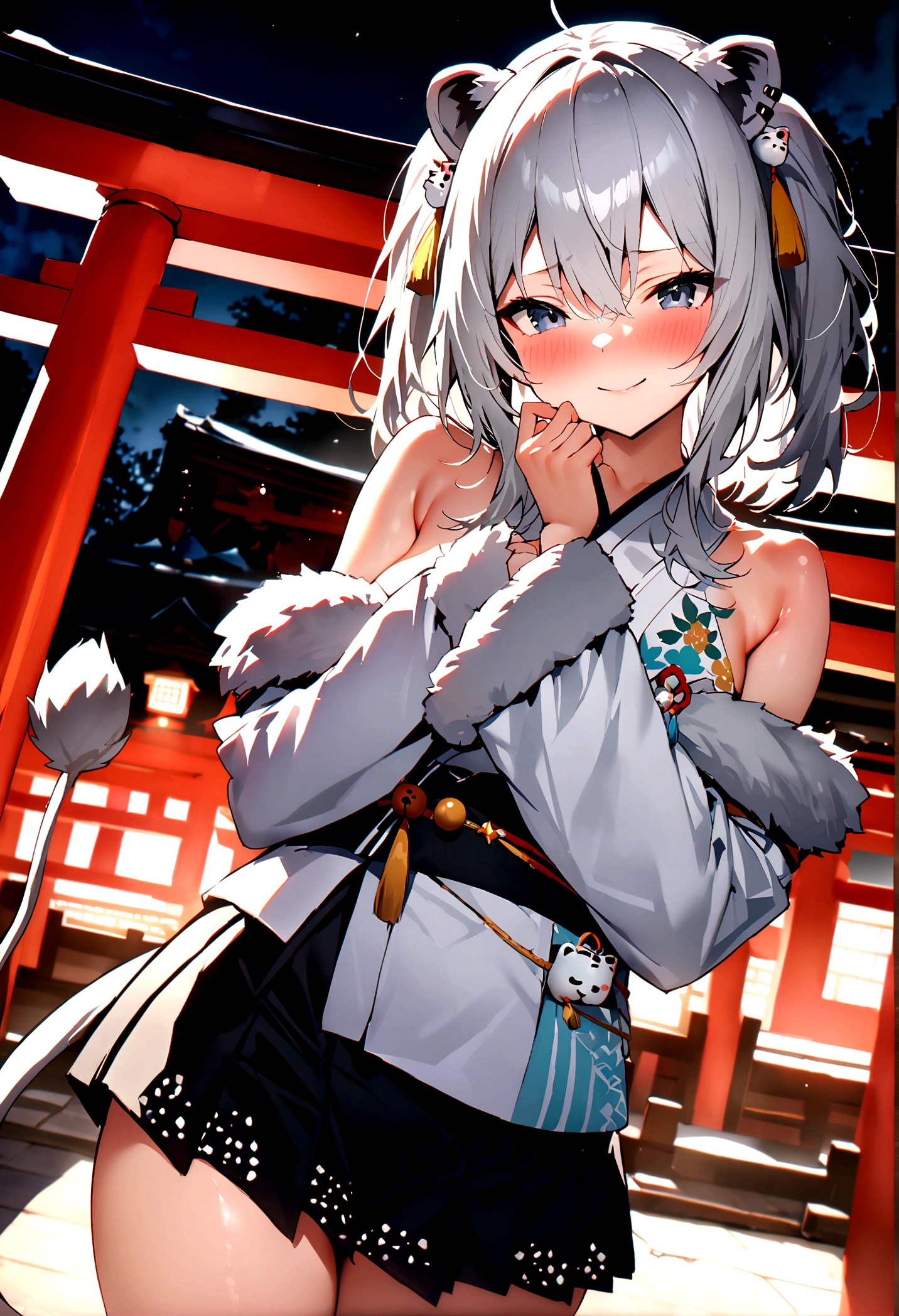 NSFW,masterpiece,Highest quality,High resolution,Super detailed,Shishirabotan\(Hololive\),Double Odango、flower、Side Lock、Lion's tail、White kimono、Off the shoulder、fur ornament、Black Hakama、Short skirt,Bad smile,blush,Shrine at night,torii,Sexy pose,(Seduce)