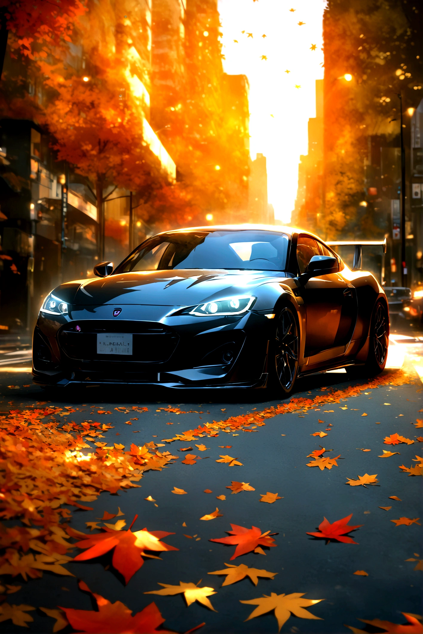 Skyline 32, Sports car parked on a street covered with fallen autumn leaves (City:1.3), fall, Global Illumination, Volumetric Lighting, best quality, Very detailed, Program Gateway, illustration, Octane Rendering,