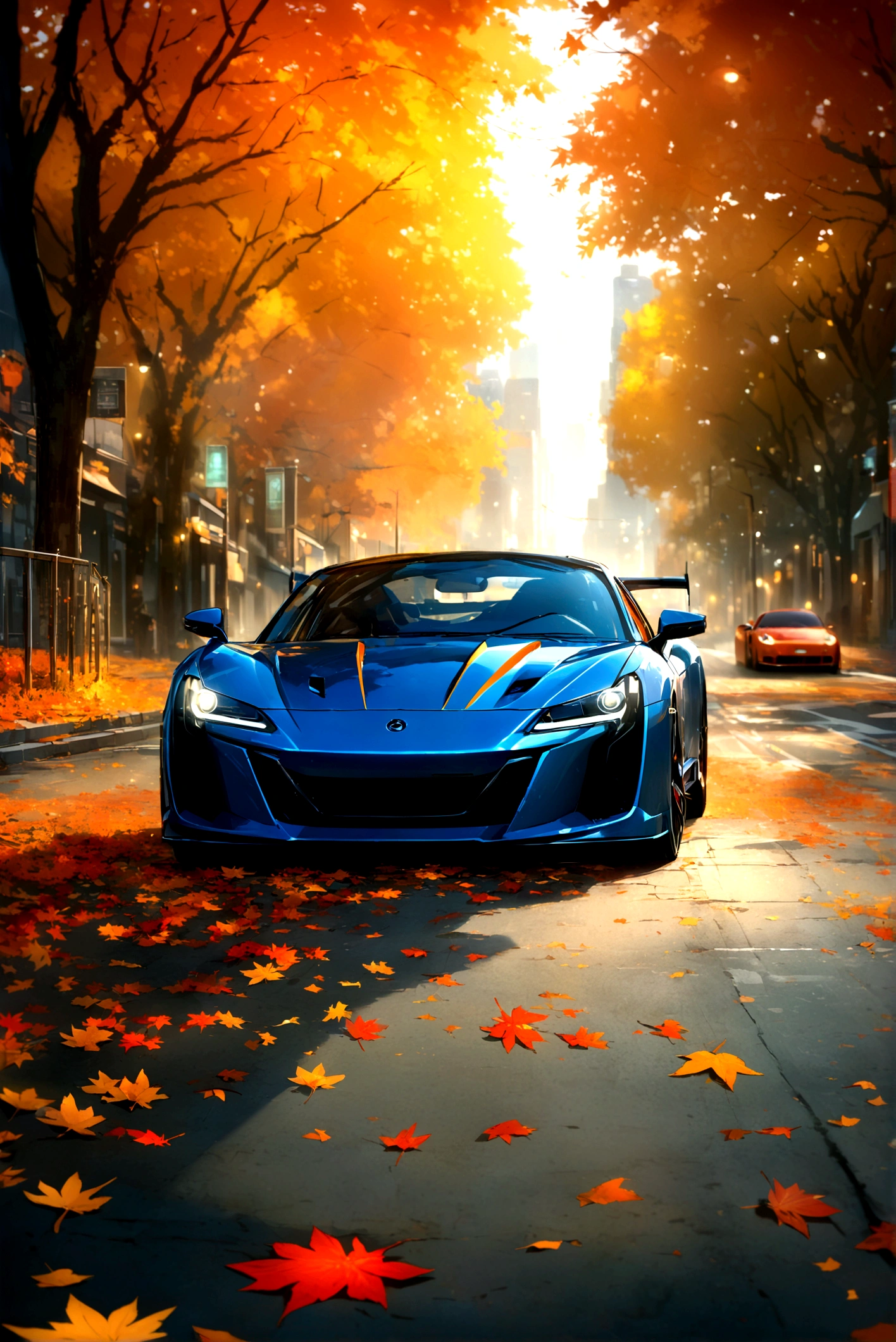 Skyline 32, Sports car parked on a street covered with fallen autumn leaves (City:1.3), fall, Global Illumination, Volumetric Lighting, best quality, Very detailed, Program Gateway, illustration, Octane Rendering,  