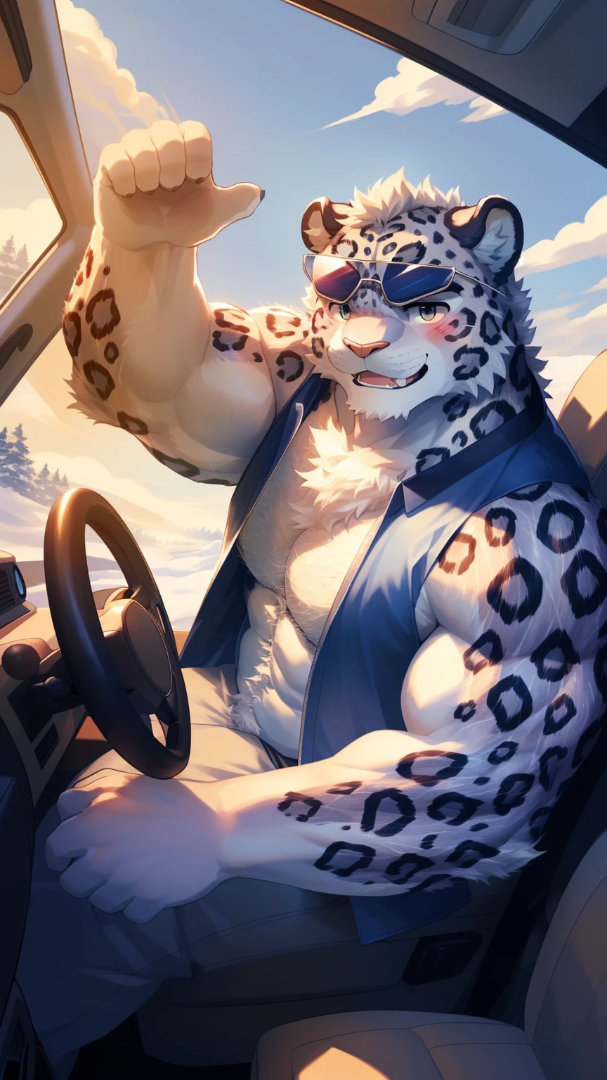 (Vision:1.5), solitary, anthropology, hairy, hairy male, snow leopard, ((Fluffy fur, Fluffy, hairy body)), (snow leopard print), (Thick eyebrows), youth, muscular, White and big skin, Blue-gray pupils, Detailed teeth, defaced face, fundos, driver, White vest, sunglasses, cab里, Driving, sideways, Shy expression, A faint smile, blush, (Dynamic poses:1.5), Clear facial features, Strong, majestic, alone, panoramic, Fog atmosphere, early morning, Tyndall light effect, cab, Sunlight through the car window, (By Empty Ghost, From snow leopard20, masterpiece, high quality, high resolution,8K)