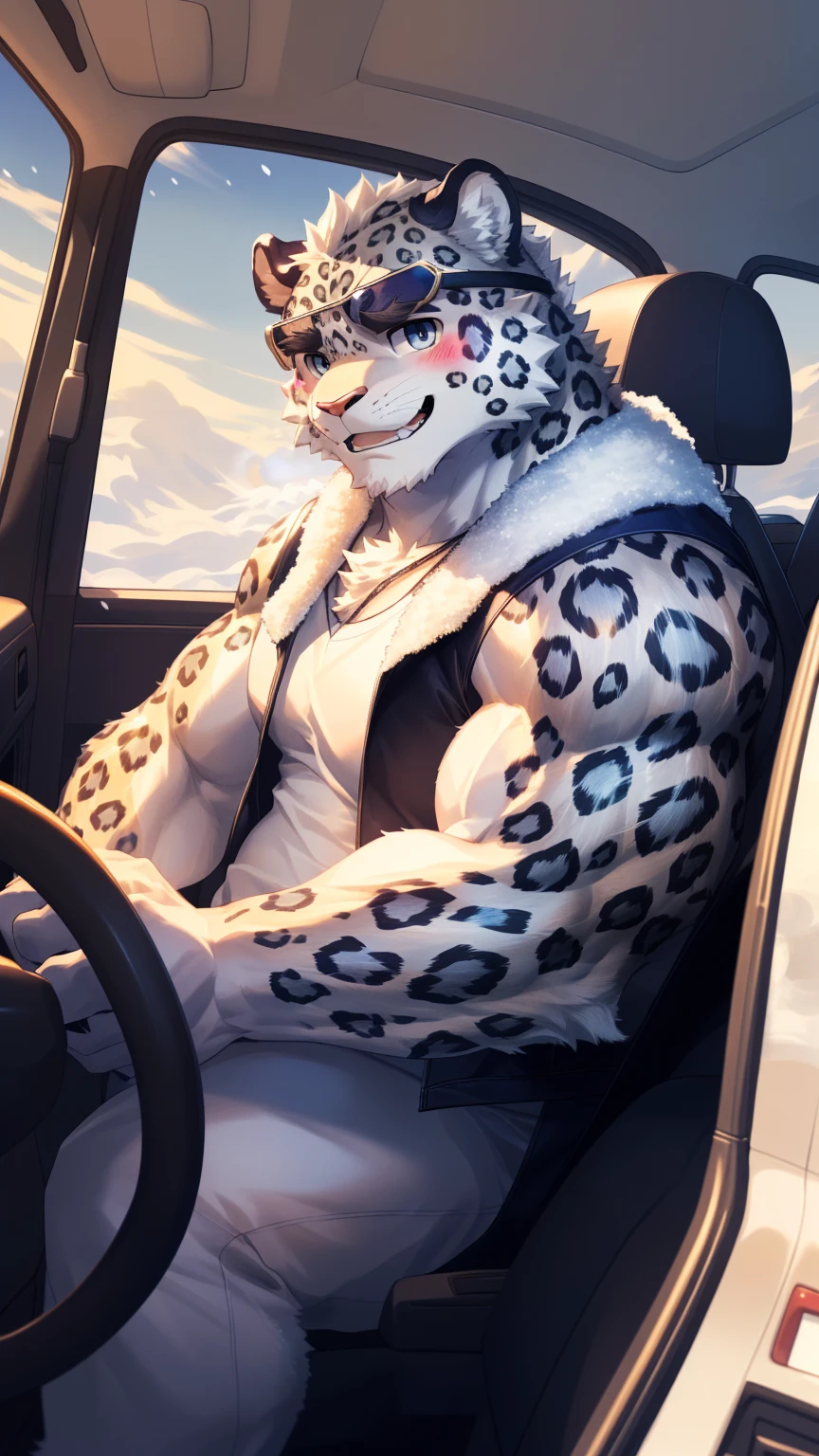 (Vision:1.5), solitary, anthropology, hairy, hairy male, snow leopard, ((Fluffy fur, Fluffy, hairy body)), (snow leopard print), (Thick eyebrows), youth, muscular, White and big skin, Blue-gray pupils, Detailed teeth, defaced face, fundos, driver, White vest, sunglasses, cab里, Driving, sideways, Shy expression, A faint smile, blush, (Dynamic poses:1.5), Clear facial features, Strong, majestic, alone, panoramic, Fog atmosphere, early morning, Tyndall light effect, cab, Sunlight through the car window, (By Empty Ghost, From snow leopard20, masterpiece, high quality, high resolution,8K)