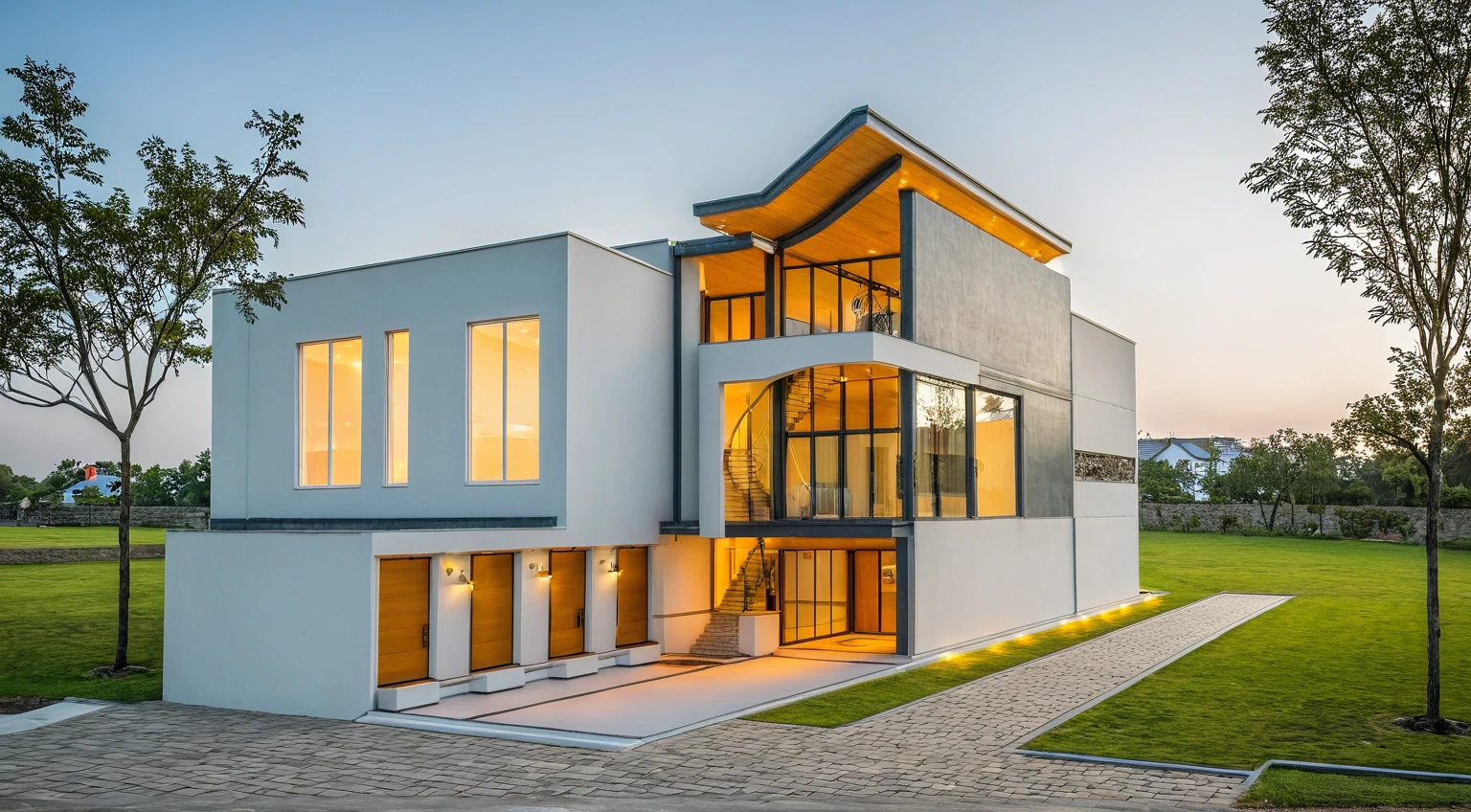 Masterpiece, high quality, best quality, authentic, super detail, outdoors, onestoreyvillaXL, aiaigroup, house style modern on the street ,stairs, white wall ,road,pavement, grass, trees, sky, cloud, (daylight:1.1)
