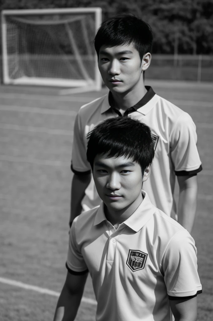 young asian man looking at camera In a black and white sports shirt , Fieldside, beach, sunlight, looking at the football field