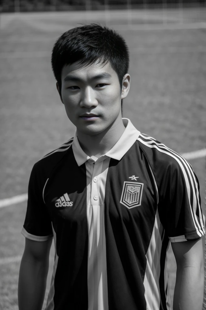 young asian man looking at camera In a black and white sports shirt , Fieldside, beach, sunlight, looking at the football field