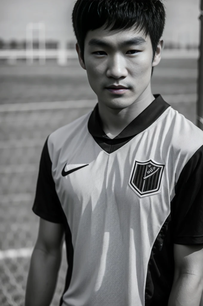 young asian man looking at camera In a black and white sports shirt , Fieldside, beach, sunlight, looking at the football field