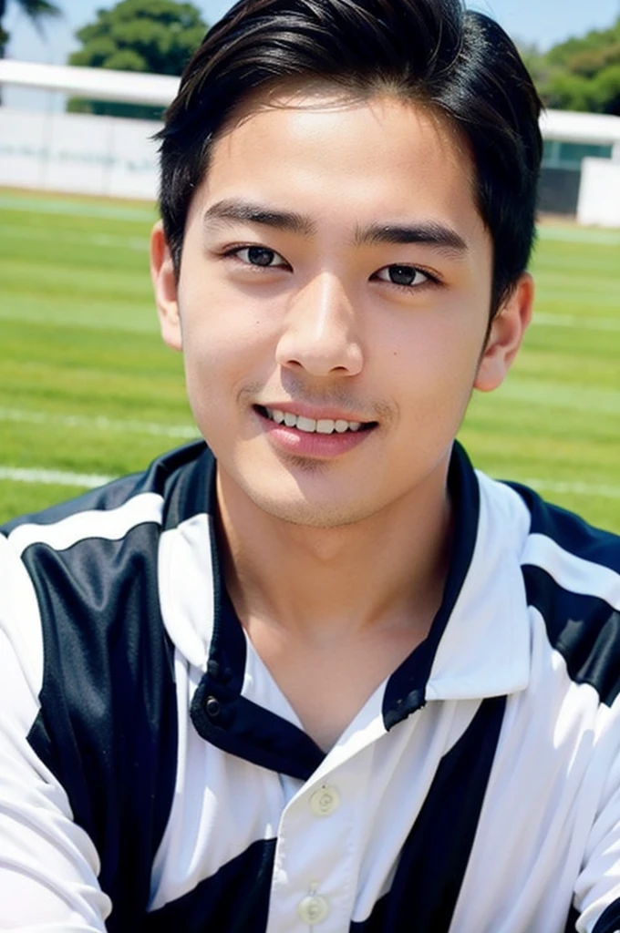 young asian man looking at camera In a black and white sports shirt , Fieldside, beach, sunlight, looking at the football field