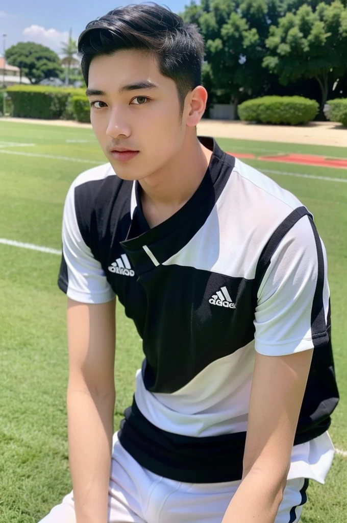 young asian man looking at camera In a black and white sports shirt , Fieldside, beach, sunlight, looking at the football field