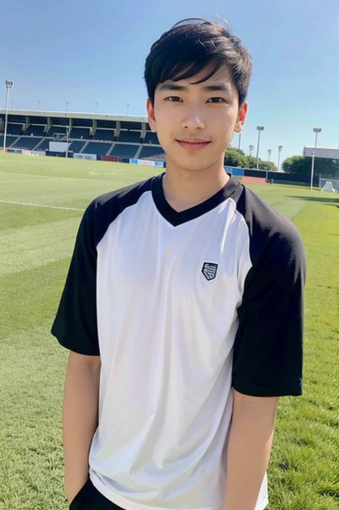 young asian man looking at camera In a black and white sports shirt , Fieldside, beach, sunlight, looking at the football field