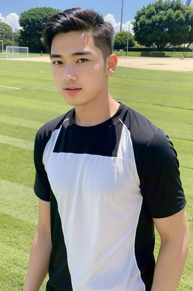 young asian man looking at camera In a black and white sports shirt , Fieldside, beach, sunlight, looking at the football field