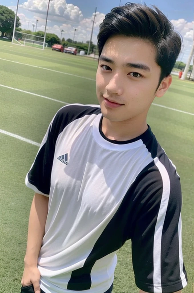 ((realistic daylight)) , Young Korean man in a simple black t-shirt only, no pattern, and jeans., A handsome, muscular young Asian man looks at the camera.  , in the football field ,turn sideways, smile