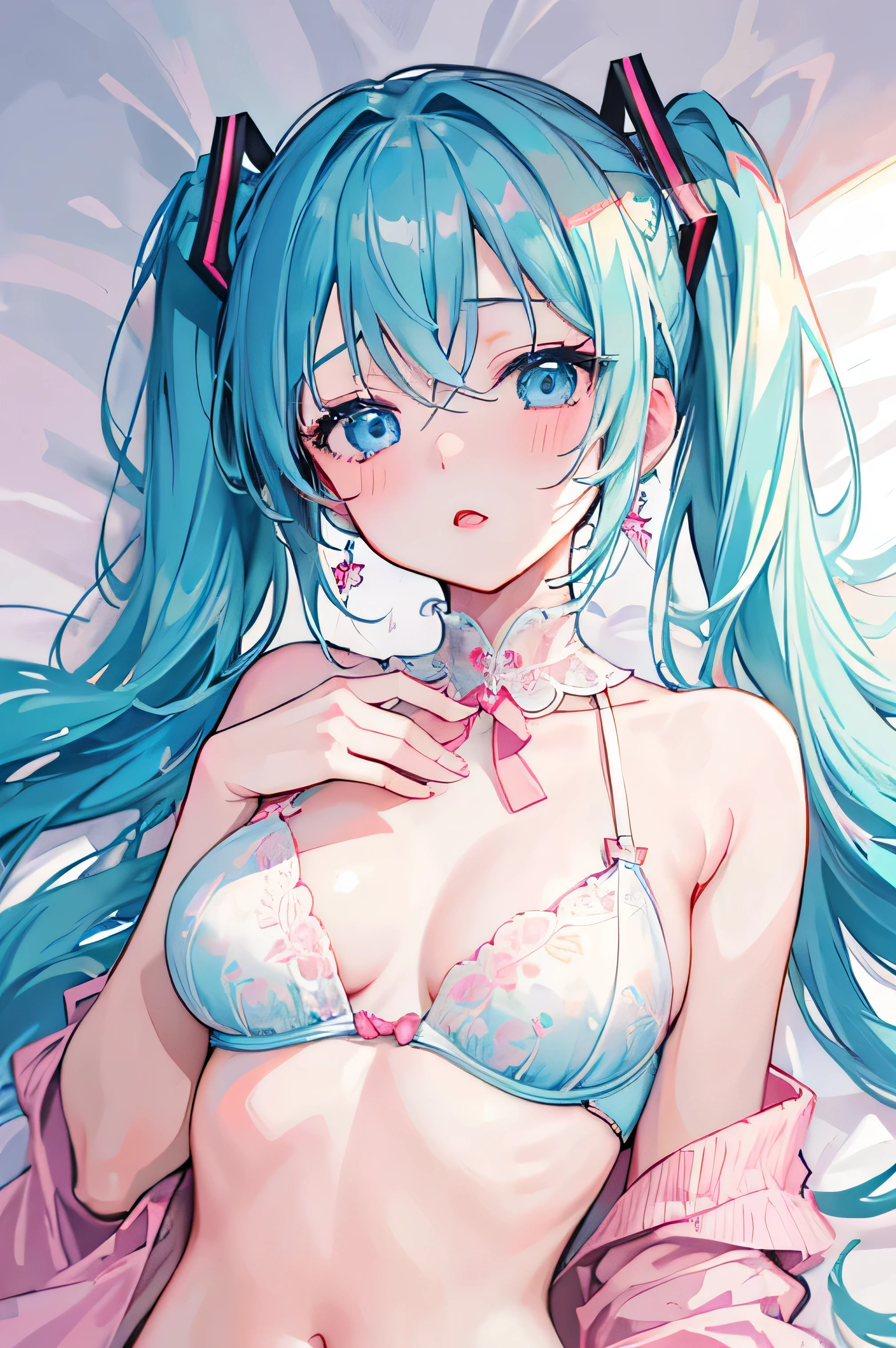 ((masterpiece、highest quality、Very detailed))、One Girl、Hatsune Miku ,Light blue eyes、Earrings、blush、Moist eyes、((Pink Lips))、((Open Mouth))、Moderate breasts、((Light blue bra))、((upper body))、Lying on your back、On the bed
