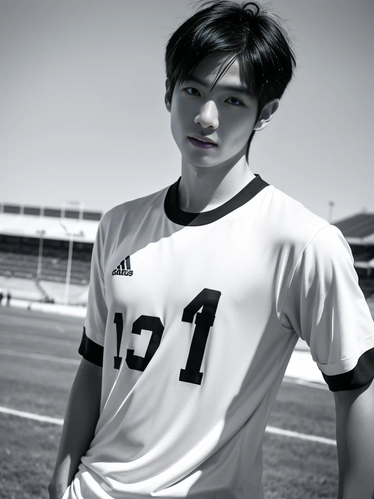 young asian man looking at camera In a black and white sports shirt , Fieldside, beach, sunlight, looking at the football field