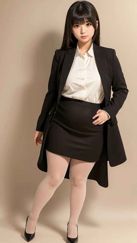 japanese ,woman , age18 , bangs , (((fat))), black_suit , black_pencil_long_skirt , beige_pantyhose , black pumps , white background