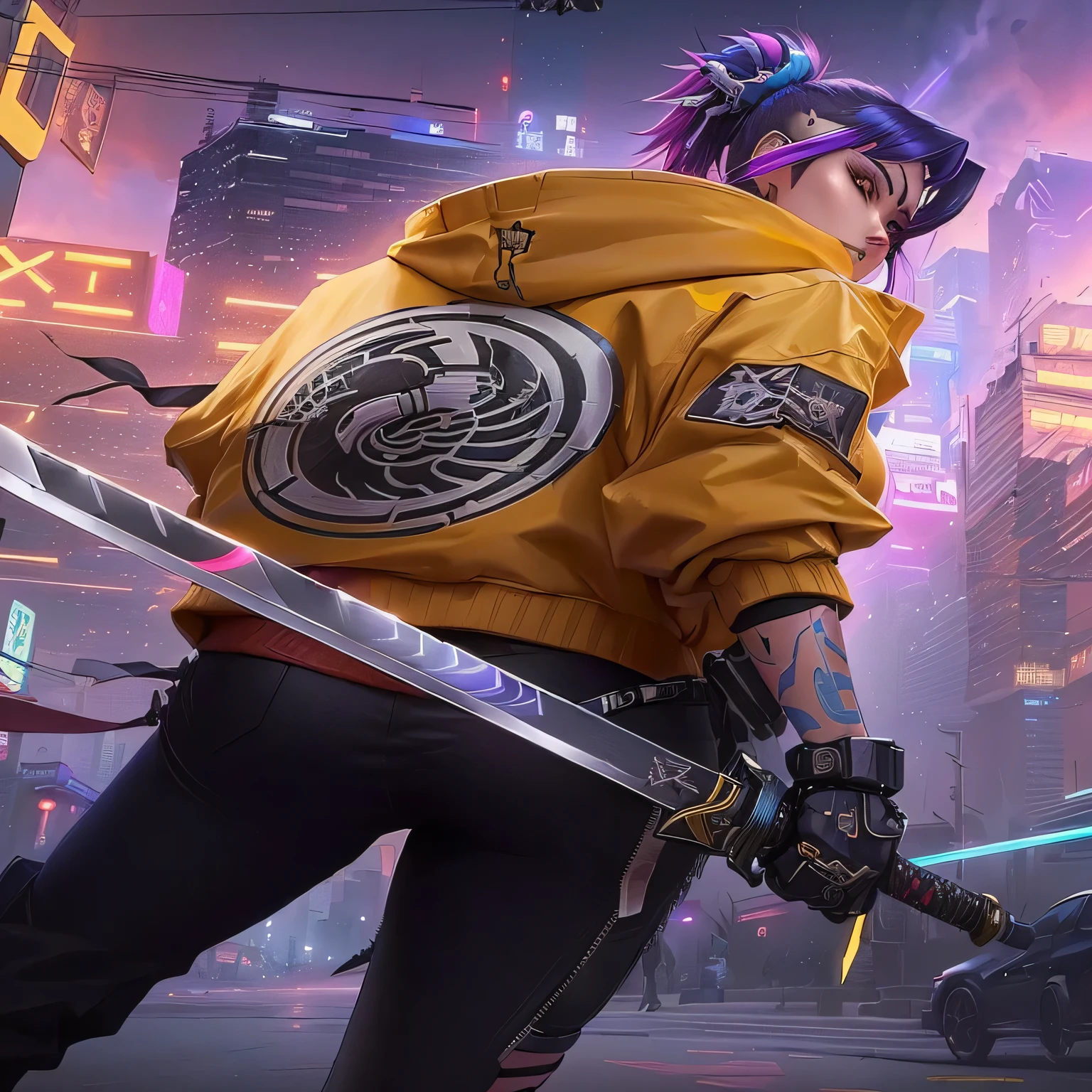 a close up of a person holding a sword in a city, cyberpunk anime girl in hoodie, inspired by Li Shida, stylized urban fantasy artwork, digital cyberpunk anime art, anime cyberpunk art, wearing cyberpunk 2 0 7 7 jacket, cyberpunk anime art, an edgy teen assassin, modern cyberpunk anime, katana zero video game character, digital cyberpunk - anime art