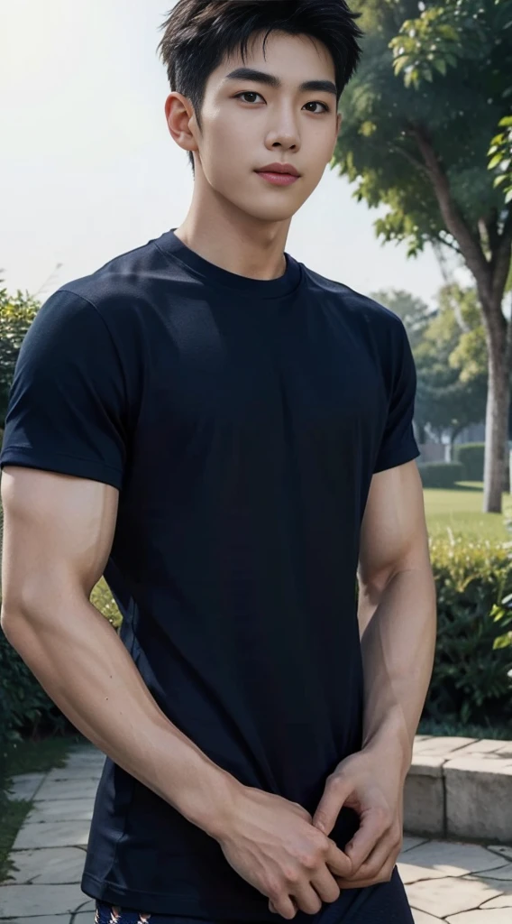 (As a matter of fact, Masterpiece, 8k HD, good light quality, sportswear, fit the face, complicated details), A handsome and muscular young Korean man., He has short, muscular hair in a buzzcut style. ,(Broad shoulders:1.3), 20 years old, be happy, smile brightly, detailed face, delicate eyes, มองดูsky, (Wear a navy tight T-shirt.:1.6), period, black eyes, Black hair color, ผมsmooth, smooth, outdoor sports, Along the garden, Sunny,sky,Surreal,Awesome details,Highest quality,real,(As a matter of fact, Masterpiece, 8k HD, good light quality, sportswear, fit the face, complicated details), A handsome and muscular young Korean man. มีกล้าม ,(Broad shoulders:1.3), 20 years old, be happy, smile brightly, detailed face, delicate eyes, มองดูsky, (Wear a navy tight T-shirt.:1.6), period, black eyes, Black hair color, ผมsmooth, smooth, outdoor sports, Along the garden, Sunny,sky,Surreal,Awesome details,Highest quality,real