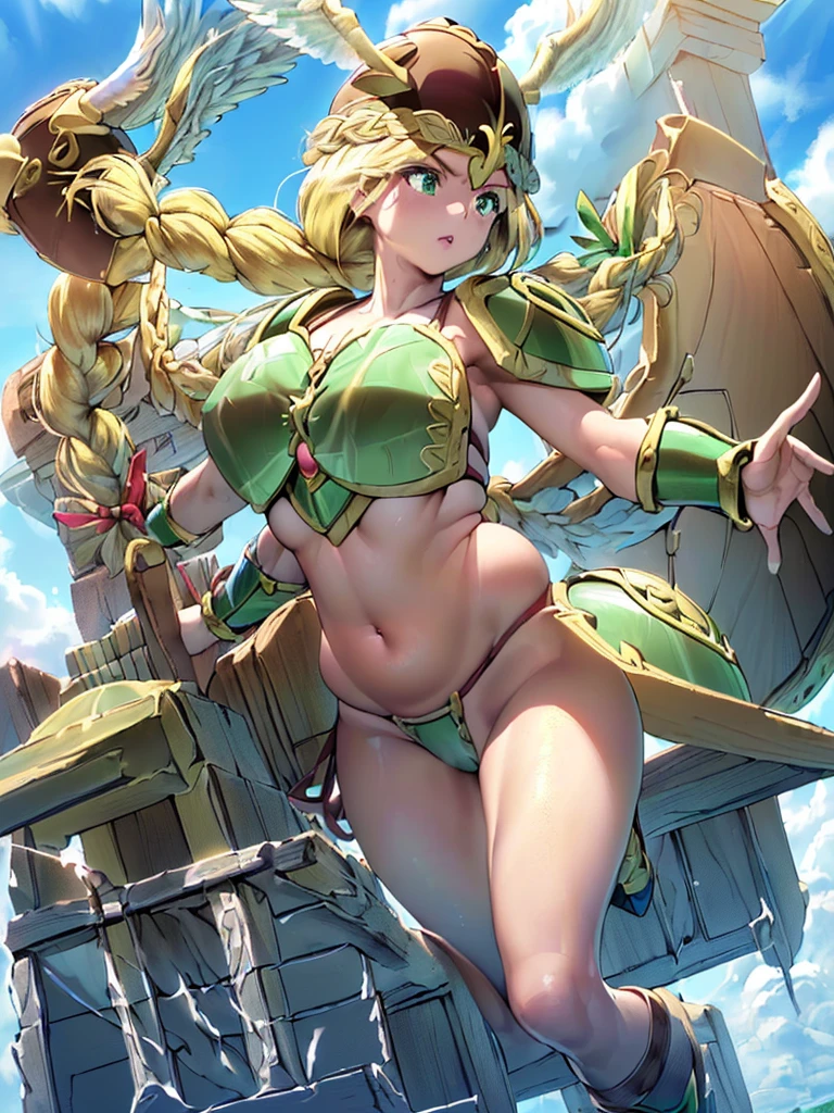 masterpiece,best quality, 1girl, 18yo, beautiful girl,BREAK,(Armor:1.8),(Helmet with wings:1.7),(Beautiful blonde,braid,Green Eyes:1.5),BREAK,(Bikini Armor,navel exposed,voluptuous bust,thin waist:1.4),BREAK, (blue sky:1.2),(Running on clouds:1.3),(blue skyに舞う,move chart:1.3),