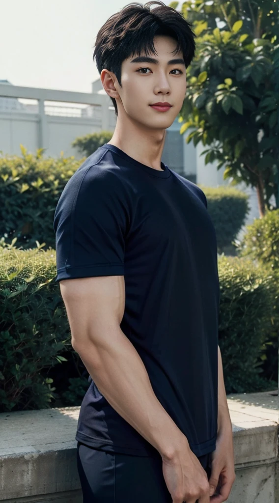 (As a matter of fact, Masterpiece, 8k HD, good light quality, sportswear, fit the face, complicated details), A handsome and muscular young Korean man., He has short, muscular hair in a buzzcut style.  ,(Broad shoulders:1.3), 20 years old, be happy, smile brightly, detailed face, delicate eyes, มองดูsky, (Wear a navy tight T-shirt.:1.6), period, black eyes, Black hair color, ผมsmooth, smooth, outdoor sports, Along the garden, Sunny,sky，Surreal，Awesome details，Highest quality，real，(As a matter of fact, Masterpiece, 8k HD, good light quality, sportswear, fit the face, complicated details), A handsome and muscular young Korean man. มีกล้าม ,(Broad shoulders:1.3), 20 years old, be happy, smile brightly, detailed face, delicate eyes, มองดูsky, (Wear a navy tight T-shirt.:1.6), period, black eyes, Black hair color, ผมsmooth, smooth, outdoor sports, Along the garden, Sunny,sky，Surreal，Awesome details，Highest quality，real