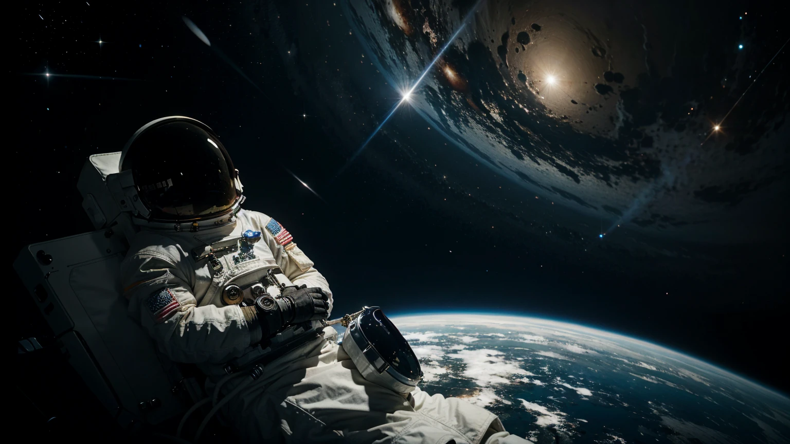 An orange astronaut drinking coffee in front of the earth