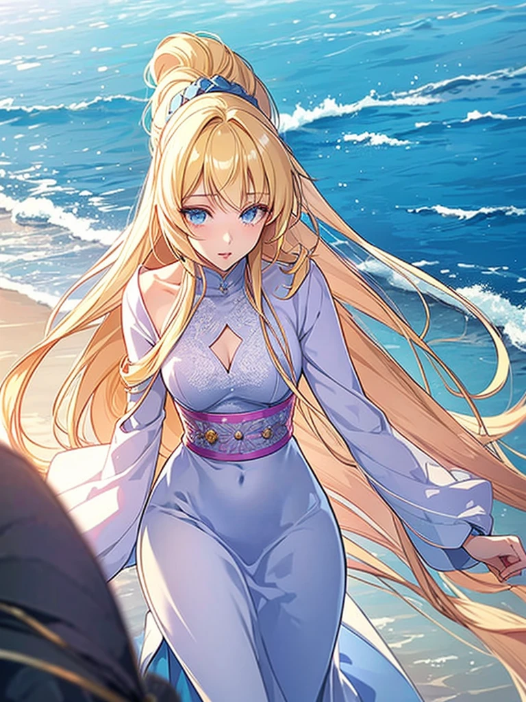 Manga art style, a young South Korean woman aged 24, she has a small, well-proportioned face with delicate features.
Her eyes are large and expressive, with double eyelids and a captivating gaze. Her nose is thin and well defined.
Her lips are full and well-drawn.
Her long, straight hair is a shade of blonde that matches her appearance.
Her skin is clear and smooth. Her body is of medium height and slim, with a graceful figure.
As she walks along the beachfront at sunset in Jeju, her blue-marine dress sways in the wind.