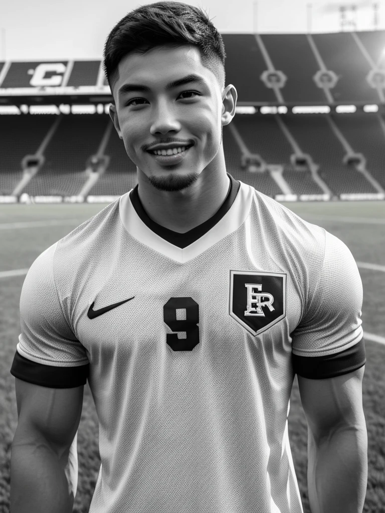Tony Labrusca, young asian man looking at camera In a black and white sports shirt , Fieldside, sunlight, looking at the football field