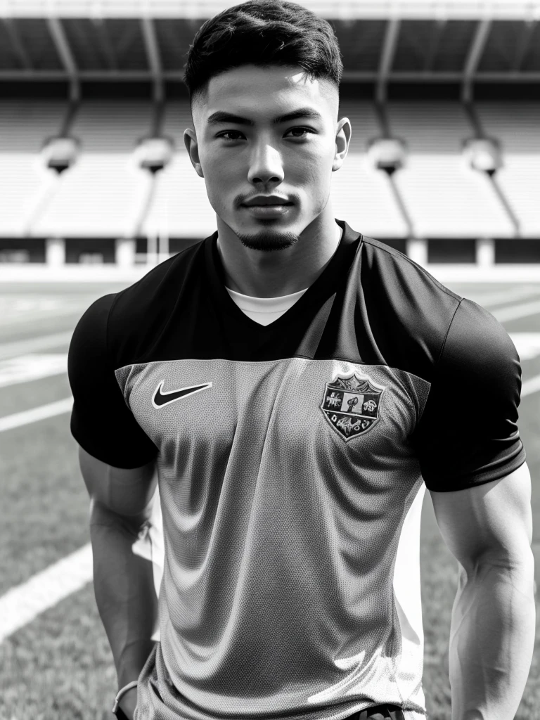 Tony Labrusca, young asian man looking at camera In a black and white sports shirt , Fieldside, sunlight, looking at the football field
