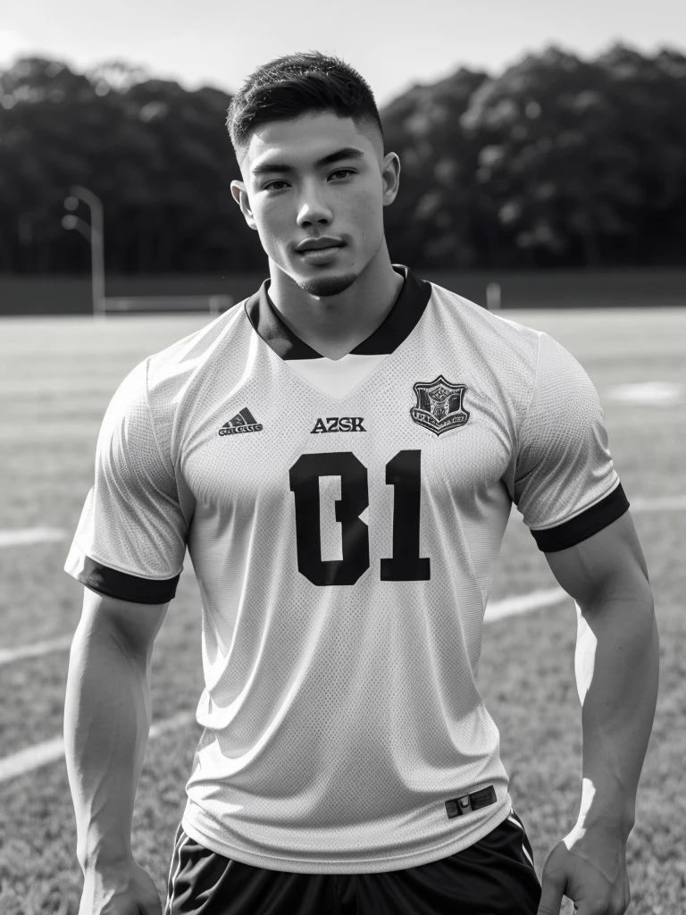 Tony Labrusca, young asian man looking at camera In a black and white sports shirt , Fieldside, sunlight, looking at the football field