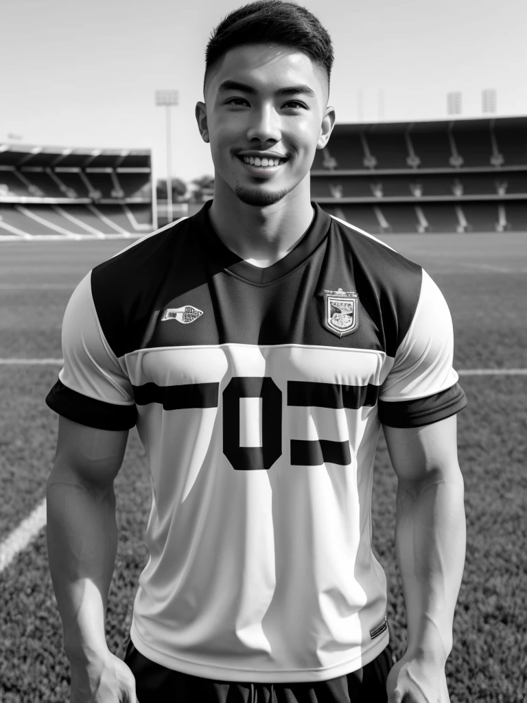 Tony Labrusca, young asian man looking at camera In a black and white sports shirt , Fieldside, sunlight, looking at the football field