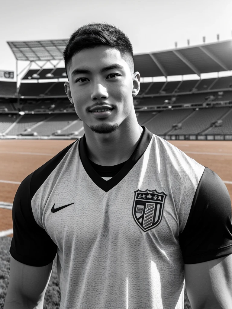 Tony Labrusca, young asian man looking at camera In a black and white sports shirt , Fieldside, sunlight, looking at the football field