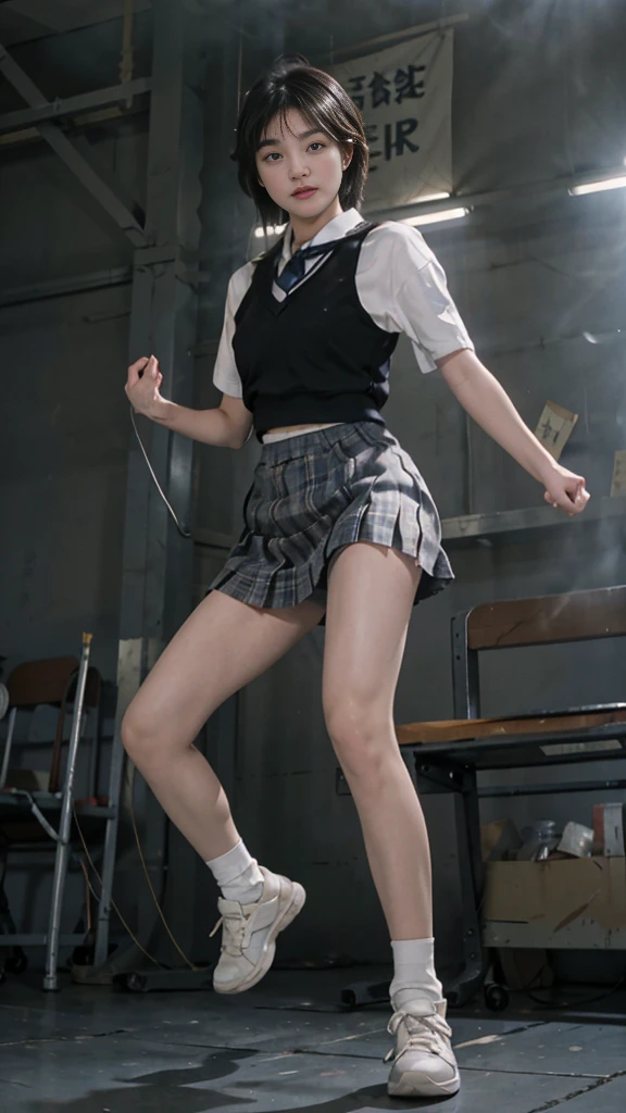 Battlefield Background,Wear a school uniform,Plaid miniskirt,sports shoes,Close-up of a girl with two pigtails kicking her legs in a ruined area,kick kick,high kick,Stand on one foot,high kick,strong leg high kick,Kicking is an action,Facing the audience,bobcut,sweat,Full body close-up