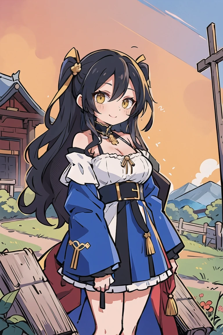 (masterpiece:1.2), (high quality:1.2), (hui xiyi:0.75), rekkyo sensen, rekkyou sensen, solo focus, girls with((black hair, tits cleavage, exposed breasts, breasts close up, dress, blue clothes, ribbon belt, off-shoulder sleeves, long sleeves, furry jacket, frills shirt, frills camisole, straps, (rosary choker, golden rosary, cross:1.05), shoes, (long wavy hair, one side up:1.4))), background with ((architecture, blue sky, building, bush, castle, village, no humans, cloud, cloudy sky, day, fence, field, garden, grass, hill, house, lamppost, landscape, mountain, mountainous horizon, nature, no humans, outdoors, scenery, shrine, sky, tower)), cowboy shot, anime, anime style