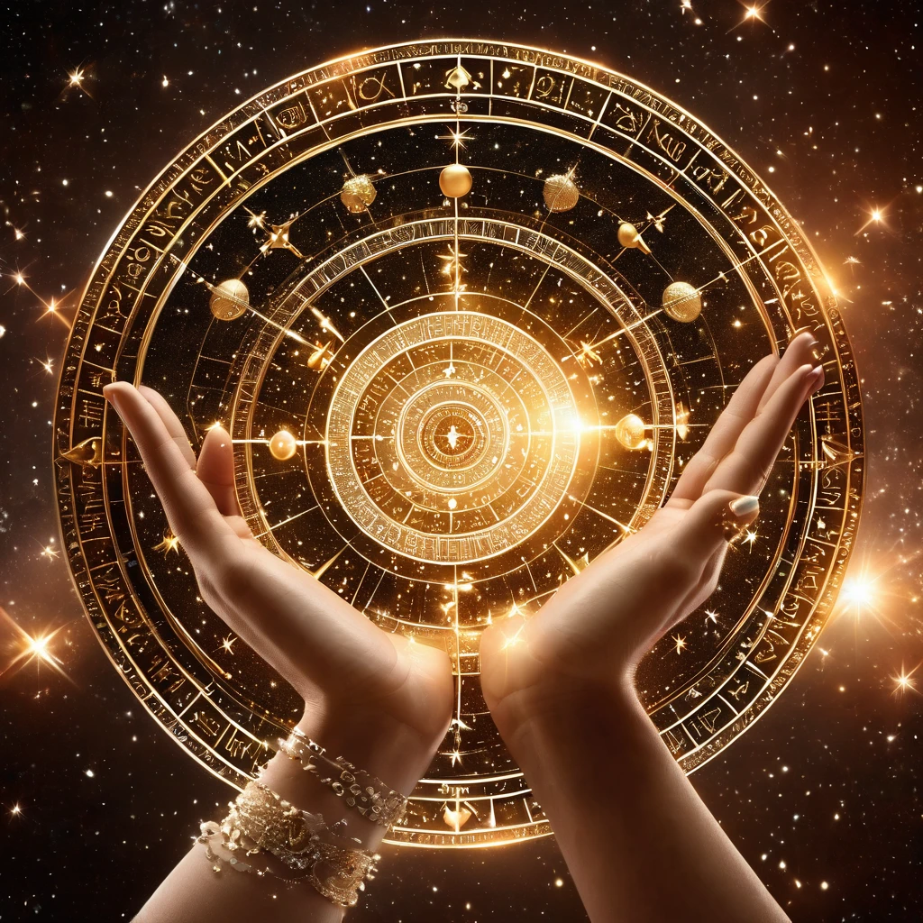 Astrologer, beckoning, 3D image of astrological horoscope circle on both palms, best quality, masterpiece, high quality, extremely detailed CG unity 8k wallpaper, delicate background, luminous particles, complex details, Sacred geometry, upper body, hand focus, older female, 