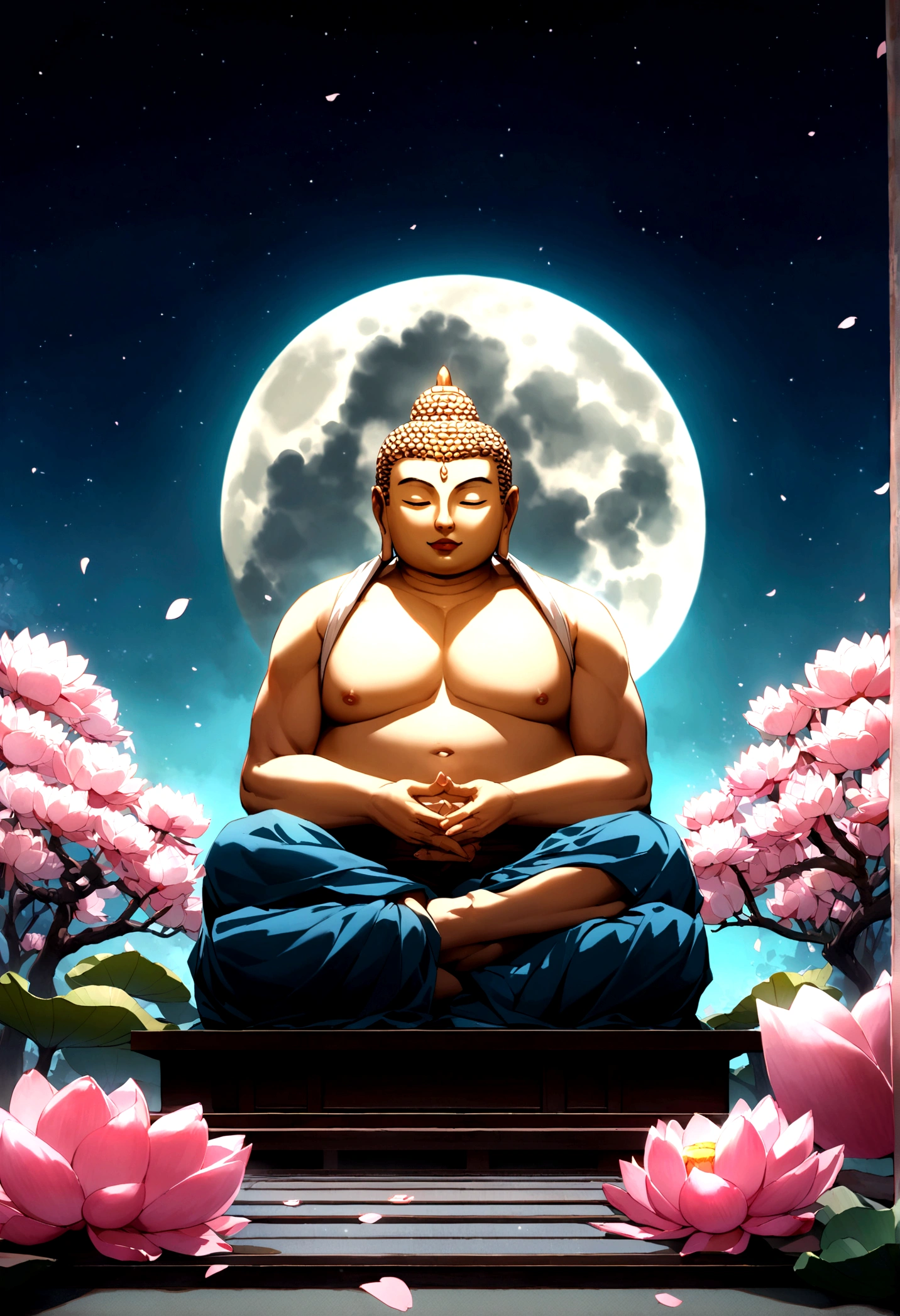 Sumo wrestler meditating, Cherry blossom garden at night, Full moon and lotus、The Buddha is watching