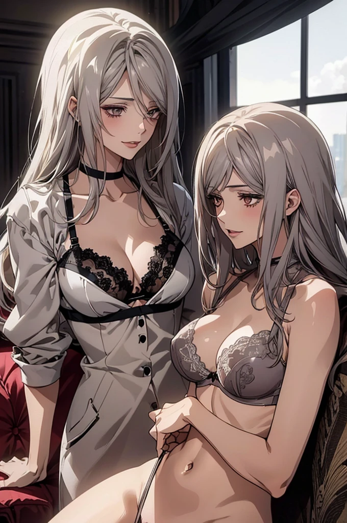 (Highest quality, High resolution, Very detailed), (Two Girls:1.3), Silver Hair, Long Hair, Reddish brown eyes, lace bra, Nude, pussy, vaginale, (pussy juice), Large Breasts, secretary, 24th generation, Beautiful woman, mature, quiet, Calm, A small smile, sofa,