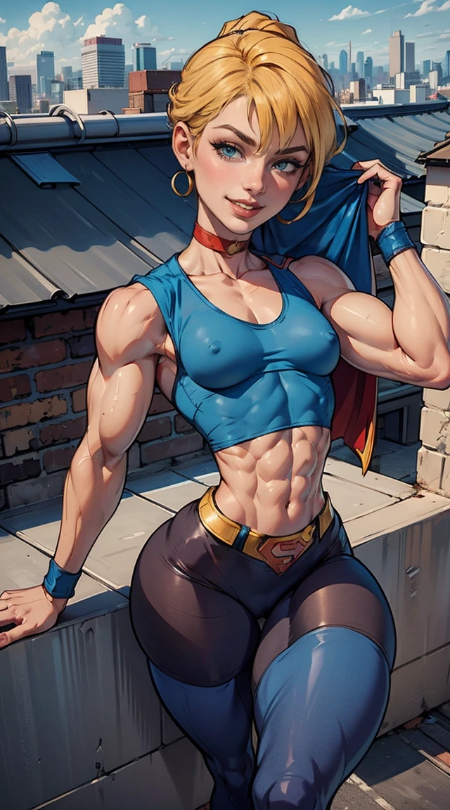 (Muscular:1.9), (thick thighs:1.8),
(blonde female), (supergirl:1.5), (big smile:1.7), (blunt bangs), (ponytail:0.8),
earrings, lipstick, eyeshadow,
(hard nipples), (small breasts:2),
(blue sleeveless tanktop, midriff, tights:1.9), (small cape:1.3), (choker:1.2), (posing),
looking at viewer, three quarter view, (upper body view),
(rooftop, skyline background:1.3), rim lighting, two tone lighting, dim lighting, bokeh, detailed skin, detailed eyes