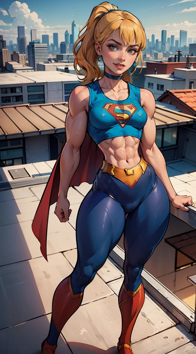 (Muscular:1.9), (thick thighs:1.8),
(blonde female), (supergirl:1.5), (big smile:1.7), (blunt bangs), (ponytail:0.8),
earrings, lipstick, eyeshadow,
(hard nipples), (small breasts:2),
(blue sleeveless tanktop, midriff, tights:1.9), (small cape:1.3), (choker:1.2), (posing),
looking at viewer, three quarter view, (upper body view),
(rooftop, skyline background:1.3), rim lighting, two tone lighting, dim lighting, bokeh, detailed skin, detailed eyes