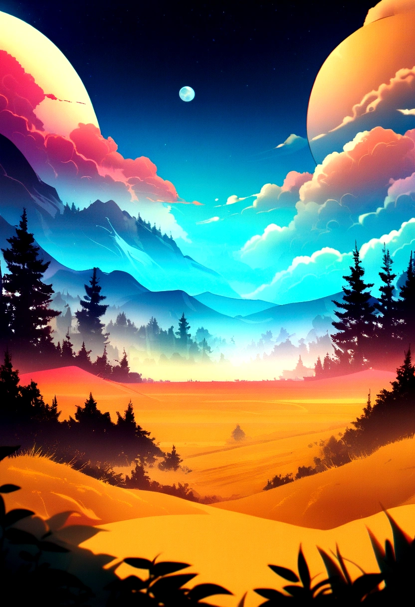 landscape on a strange alien planet, twin suns, atmospheric colours, fields, trees in the background, dense foliage, animals, picturesque, photo, synthwave