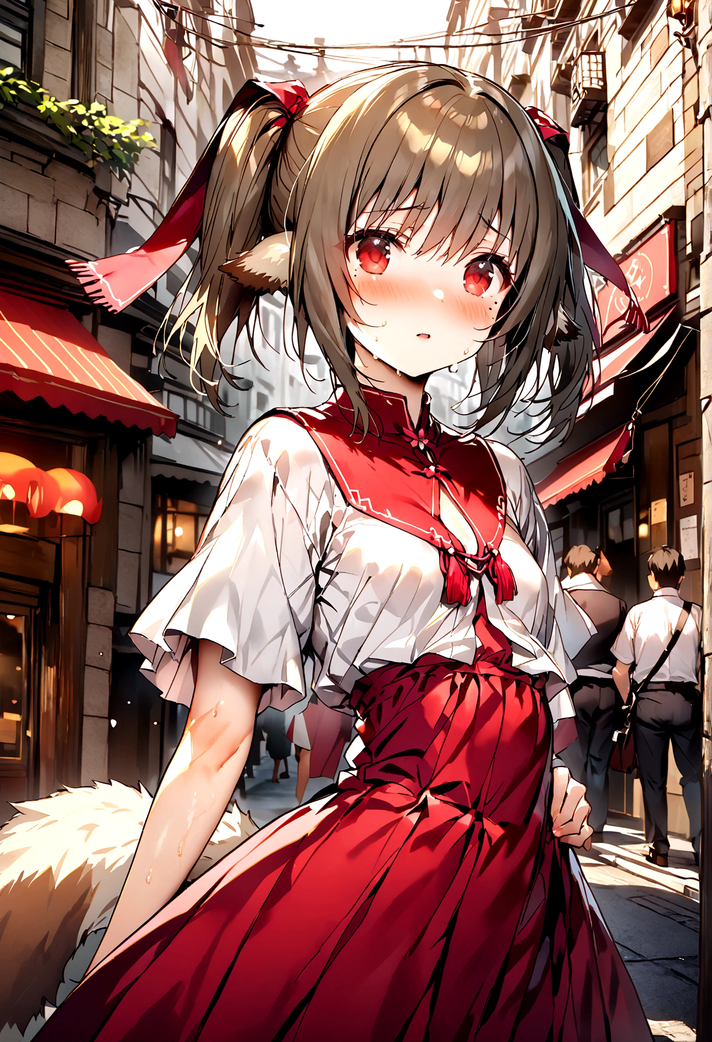 NSFW,masterpiece,Highest quality,High resolution,Super detailed,nekone \(utawarerumono\),Brown Hair、（Red Eye：1.3）、ribbon,Animal Ears,Twin tails、ヘアribbon、Mole、目の下のMole,Small breasts,(High-quality silk dress),blush,Expecting face,Seduce,bustling street