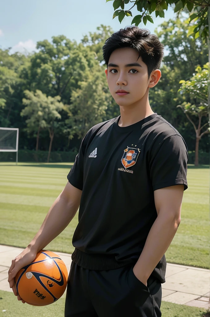 Young Asian man from Thailand, James Jirayu, looks at the camera. in a black sports shirt , Fieldside, sunlight, looking at the football field