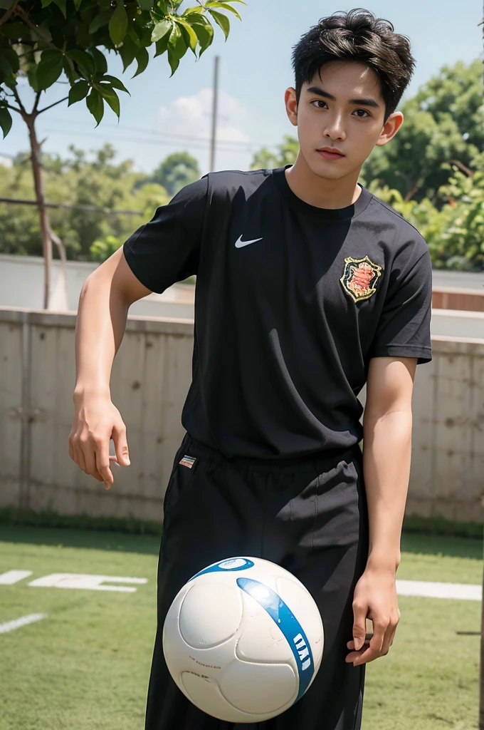  Young Asian man from Thailand, James Jirayu, looks at the camera. in a black sports shirt , Fieldside, sunlight, looking at the football field