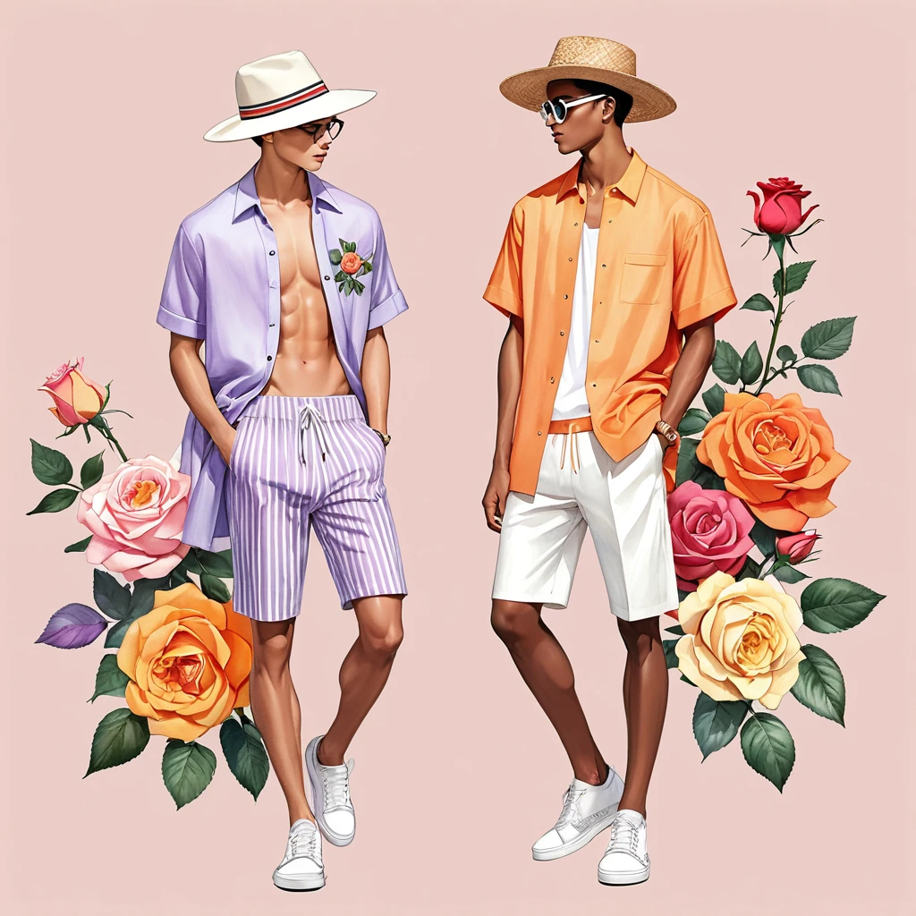 candid fashion illustration of young Mixed race 2man Latino and Japanese male model, both aged 18 year old, ((showcase fashion in white thong underwear only)), the design inspired of David Austin Rose, in elegant chic Hight-fashion style. The man wears white sheer thong with a minimal rose embroidery details, big bulge, He completes his look with white sandal. The boyfriend complements him in a stripe sexy G-string, thick semi bulge cock line, He resemble includes an accessorizes with a brimmed straw hat and sunglasses, Captured in a low angle, ((full-body image)), ((beautiful roses water color drawing background)), fashion sketching, realistic drawing, ((imperfect water color drawing)), man fashion, fashion illustrator, fashion sketch design, gay, gay couple, multicolor, notable for its unique mauve or lavender-blue orange yellows red white and crème, The semi-double blooms have a delicate unusual color in the rose spectrum.