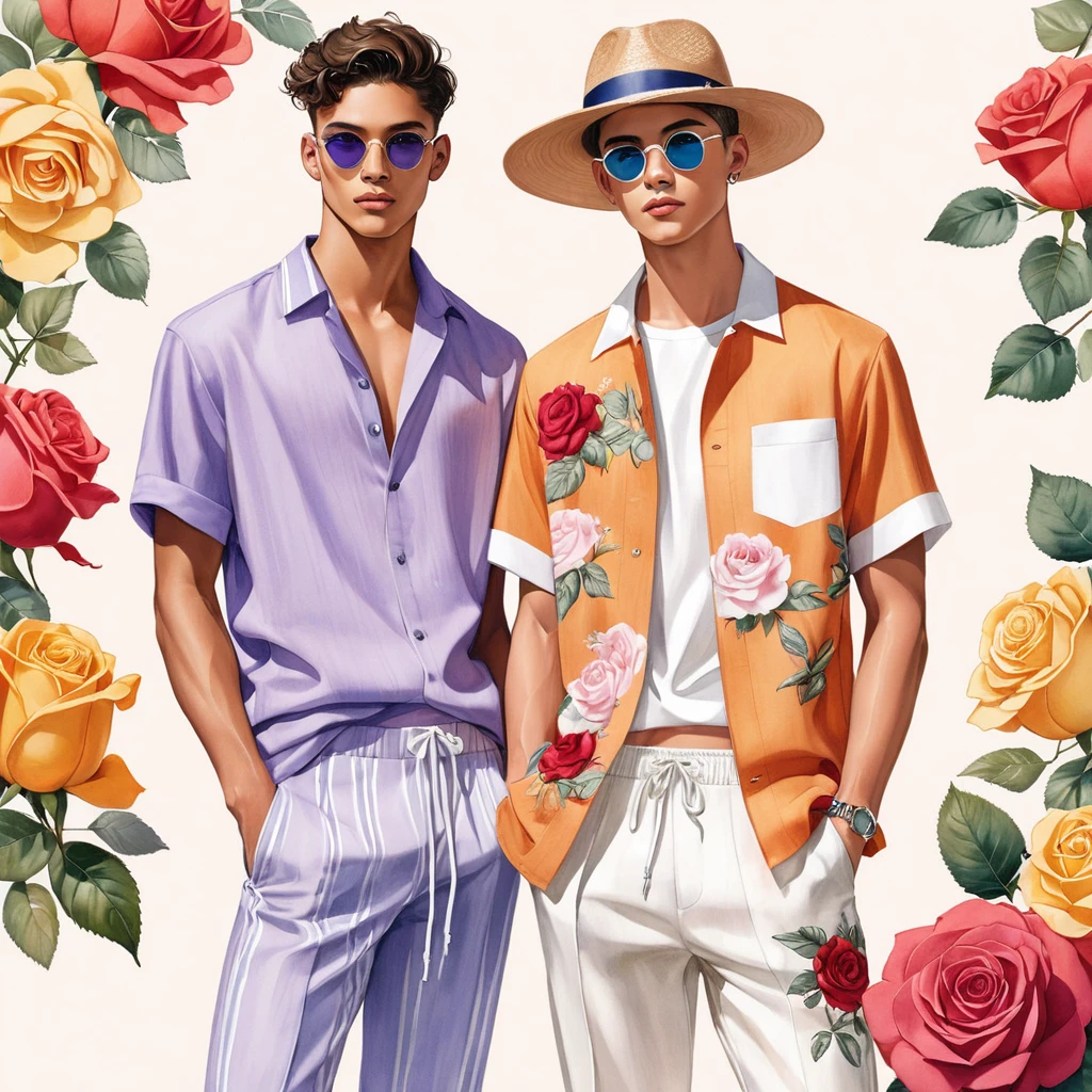 candid fashion illustration of young Mixed race 2man, both aged 18-23 year old, ((showcase fashion look book in linen outfits)), the design inspired by David Austin Rose, in elegant chic style. The man wears an oversized short-sleeved shirt with a minimal rose embroidery details, paired with relaxed-fit white Short with Drawstring, He completes his look with white sneakers and round glasses. The boyfriend complements him in a  skinny fitted speedo in a stripe pattern, semi bulge, He resemble includes an accessorizes with a brimmed straw hat and white sneakers, Captured in a low angle, ((full-body image)), ((roses motifs background)), fashion sketching, realistic drawing, ((imperfect water color drawing background)), fashion look book, fashion illustrator, fashion sketch design, gay, gay couple, multicolor, notable for its unique mauve or lavender-blue orange yellows red white and crème,  The semi-double blooms have a delicate unusual color in the rose spectrum.