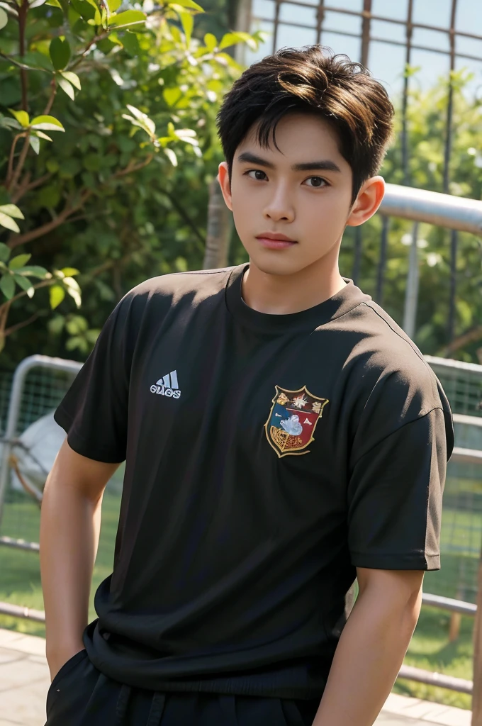  Young Asian man from Thailand, James Jirayu, looks at the camera. in a black sports shirt , Fieldside, sunlight, looking at the football field