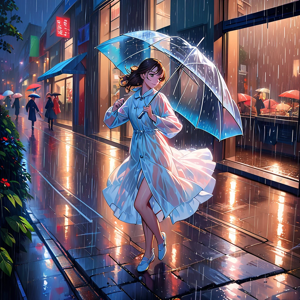 best quality, highres, ultra-detailed, realistic:1.37, the number one YouTube celebrity MrBeast running with an umbrella, in a city at night,wearing made of transparent vinyl rain coat,holding an umbrella,((dancing in the rain like Singin' in the Rain:1.8)),Close to cold colors,reduce saturation,((natural color:2.8)) full-body image,medium:oil painting,detailed face,beautiful eyes and lips,dark and moody atmosphere,vibrant colors,streaks of raindrops,city lights reflecting on wet streets,glowing umbrellas in the background,shimmering rain-soaked pavement,ethereal and dreamy lightin,((lined up shop windows and narrow sidewalk background:2.0))