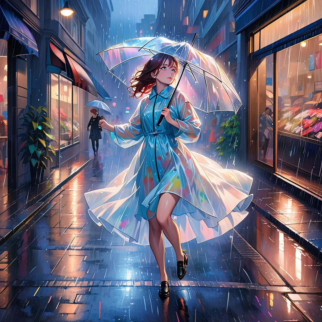 best quality, highres, ultra-detailed, realistic:1.37, the number one YouTube celebrity MrBeast running with an umbrella, in a city at night,wearing made of transparent vinyl rain coat,holding an umbrella,((dancing in the rain like Singin' in the Rain:1.8)),Close to cold colors,reduce saturation,((natural color:2.8)) full-body image,medium:oil painting,detailed face,beautiful eyes and lips,dark and moody atmosphere,vibrant colors,streaks of raindrops,city lights reflecting on wet streets,glowing umbrellas in the background,shimmering rain-soaked pavement,ethereal and dreamy lightin,((lined up shop windows and narrow sidewalk background:2.0))