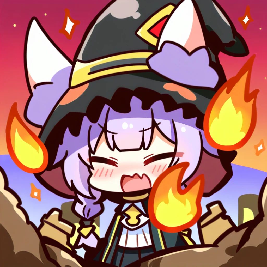 Top quality, masterpiece, chibi character, animal ear girl, peal purple and blunt bangs hair, twin braids, eyes closed, mouth wide open and screaming, blushing, face close to the front, 
A girl who was hit by flame magic and turned black, a wizard's hat with smoke coming out, a robe with a burnt hem, light purple but lightly charred braided hair, and green eyes.
A cross-shaped pillar of light stands in the deep red sky.
 

 

