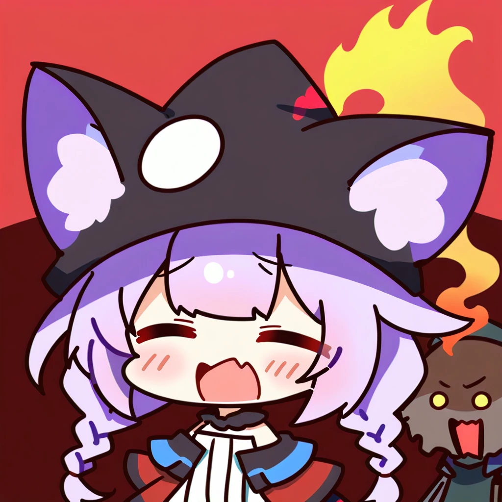 Top quality, masterpiece, chibi character, animal ear girl, peal purple and blunt bangs hair, twin braids, eyes closed, mouth wide open and screaming, blushing, face close to the front,
A girl who was hit by flame magic and turned black, a wizard's hat with smoke coming out, a robe with a burnt hem, light purple but lightly charred braided hair, and green eyes.
A cross-shaped pillar of light stands in the deep red sky.