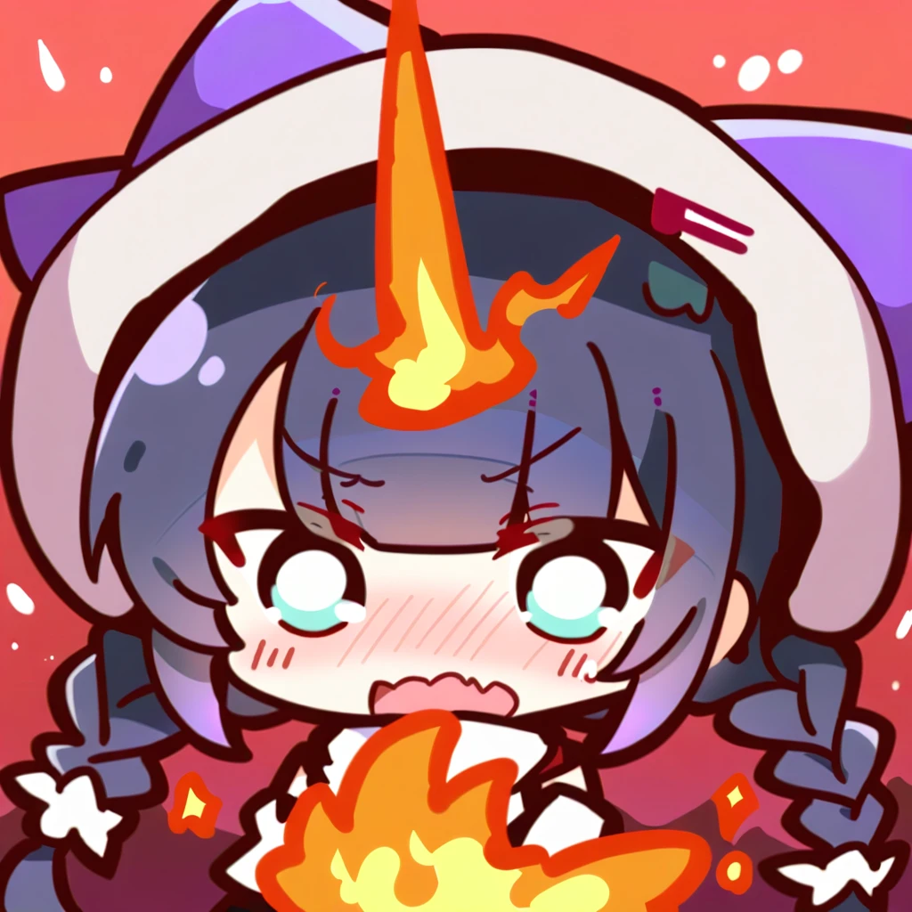 Top quality, masterpiece, chibi character, animal ear girl, peal purple and blunt bangs hair, twin braids, eyes closed, mouth wide open and screaming, blushing, face close to the front,
A girl who was hit by flame magic and turned black, a wizard's hat with smoke coming out, a robe with a burnt hem, light purple but lightly charred braided hair, and green eyes.
A cross-shaped pillar of light stands in the deep red sky.