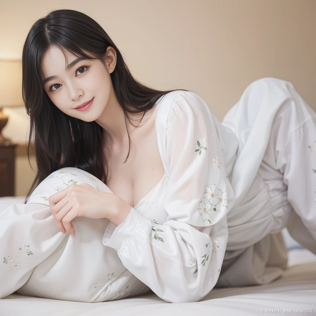 Best picture quality masterpiece beautiful 18 year old girl with long black hair 2 wearing white clothes with floral pattern big breasts full body photo in hotel room smiling